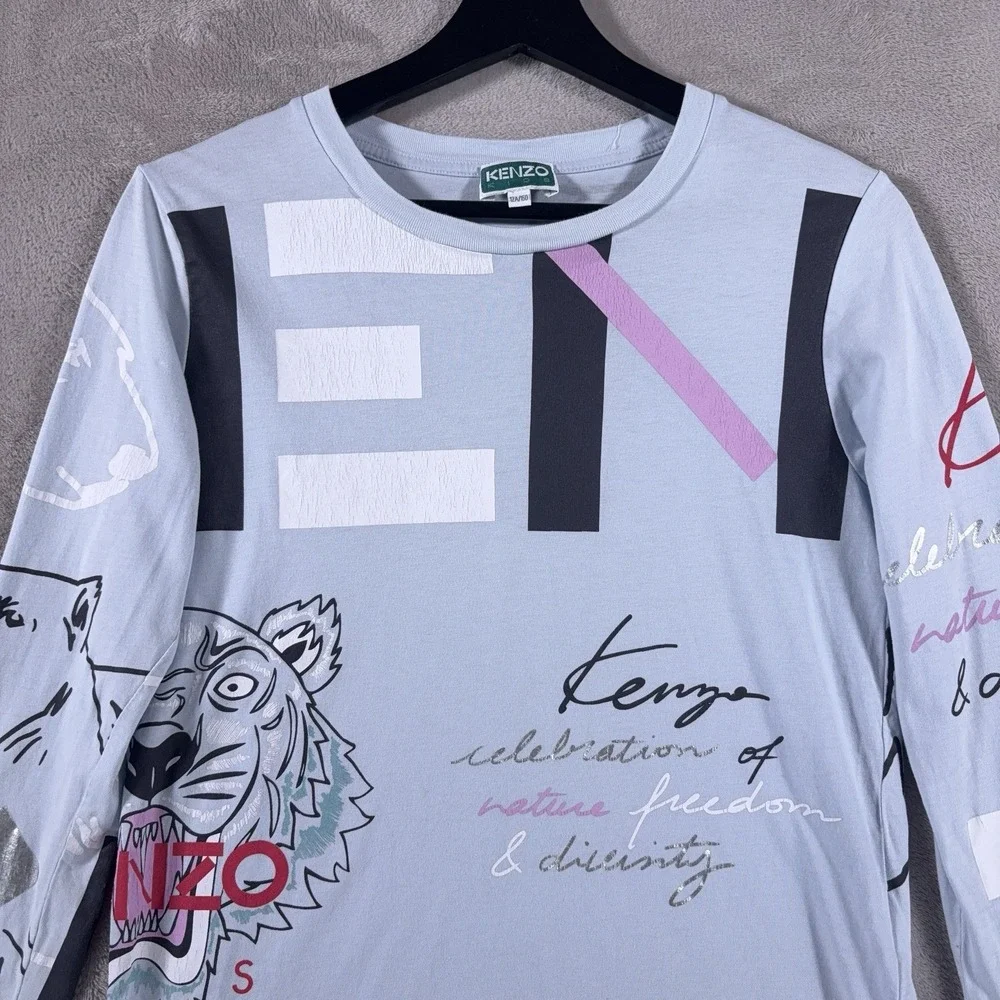 Kenzo Kids Long Sleeve Shirt Girls 12A/150 Blue Tiger Graphic Logo Designer Top